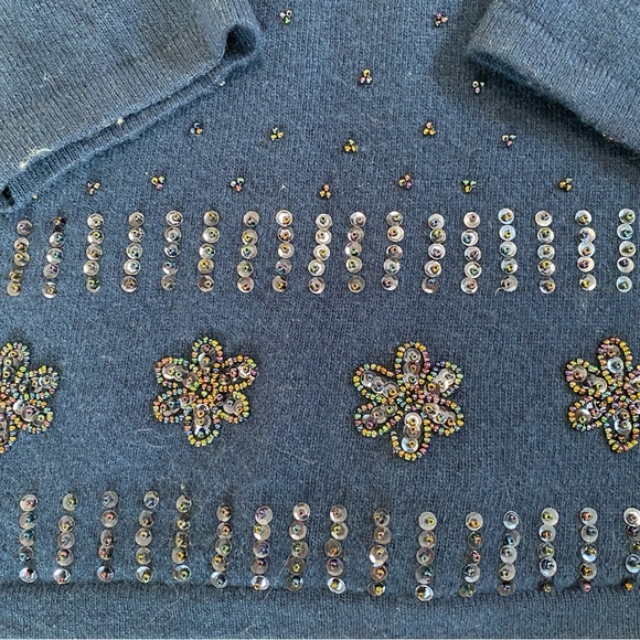 Vtg Christina Navy Polka Dot Floral Beaded Wool Sweater Grandmacore Womens Sz M - Picture 6 of 12